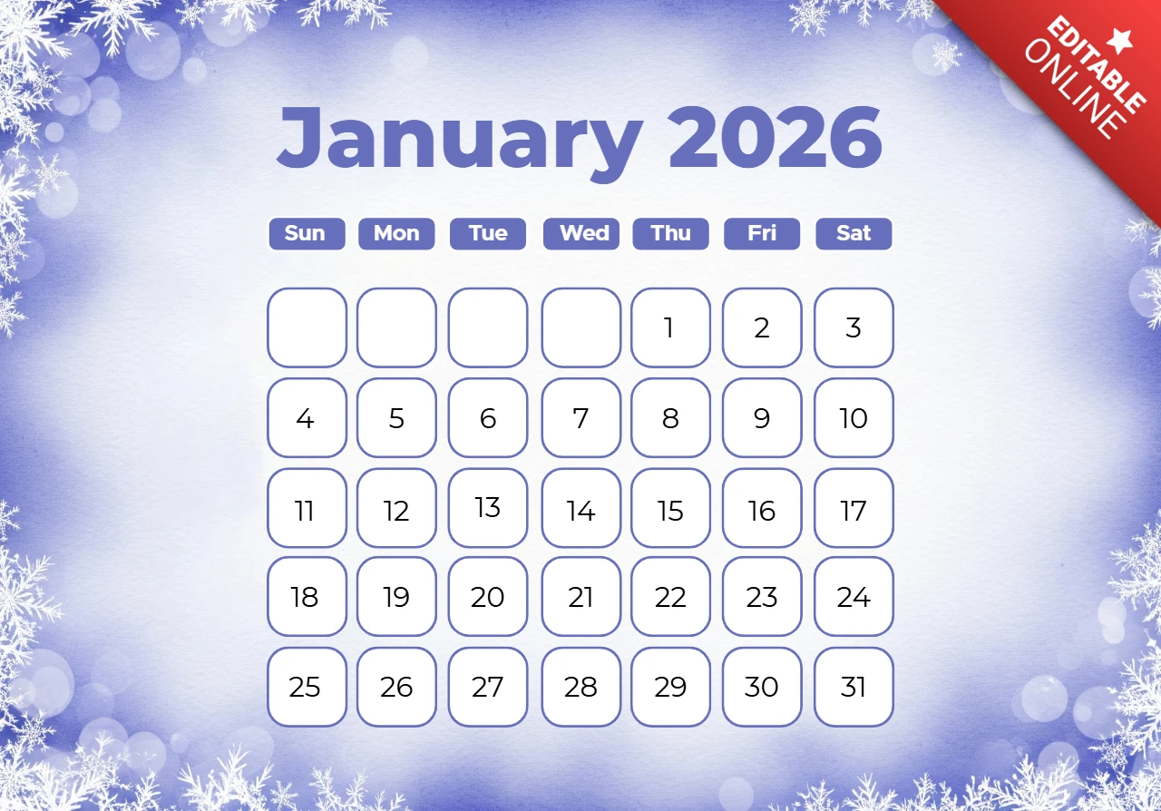 Calendário de janeiro de 2026 com tema de inverno cintilante, com brilho de geada e elegantes acentos roxos.