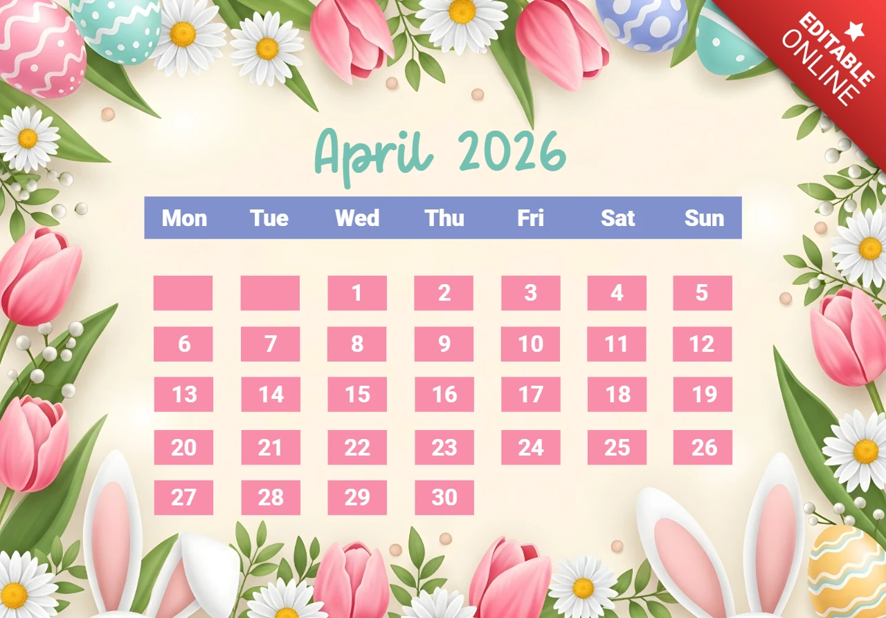 April 2026 Kalenderplakat — Osterfeier mit Hasenohren, Eiern, Tulpen und dekorativem Blumenrand