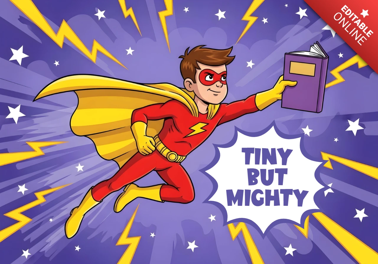 Tiny But Mighty Flying Superhero with Book, Lightning Bolt & Comic Poster Design Template