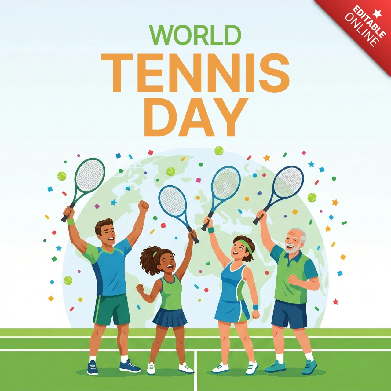 Wereldtennisdag decoratieve poster met tennisrackets, globe en confetti