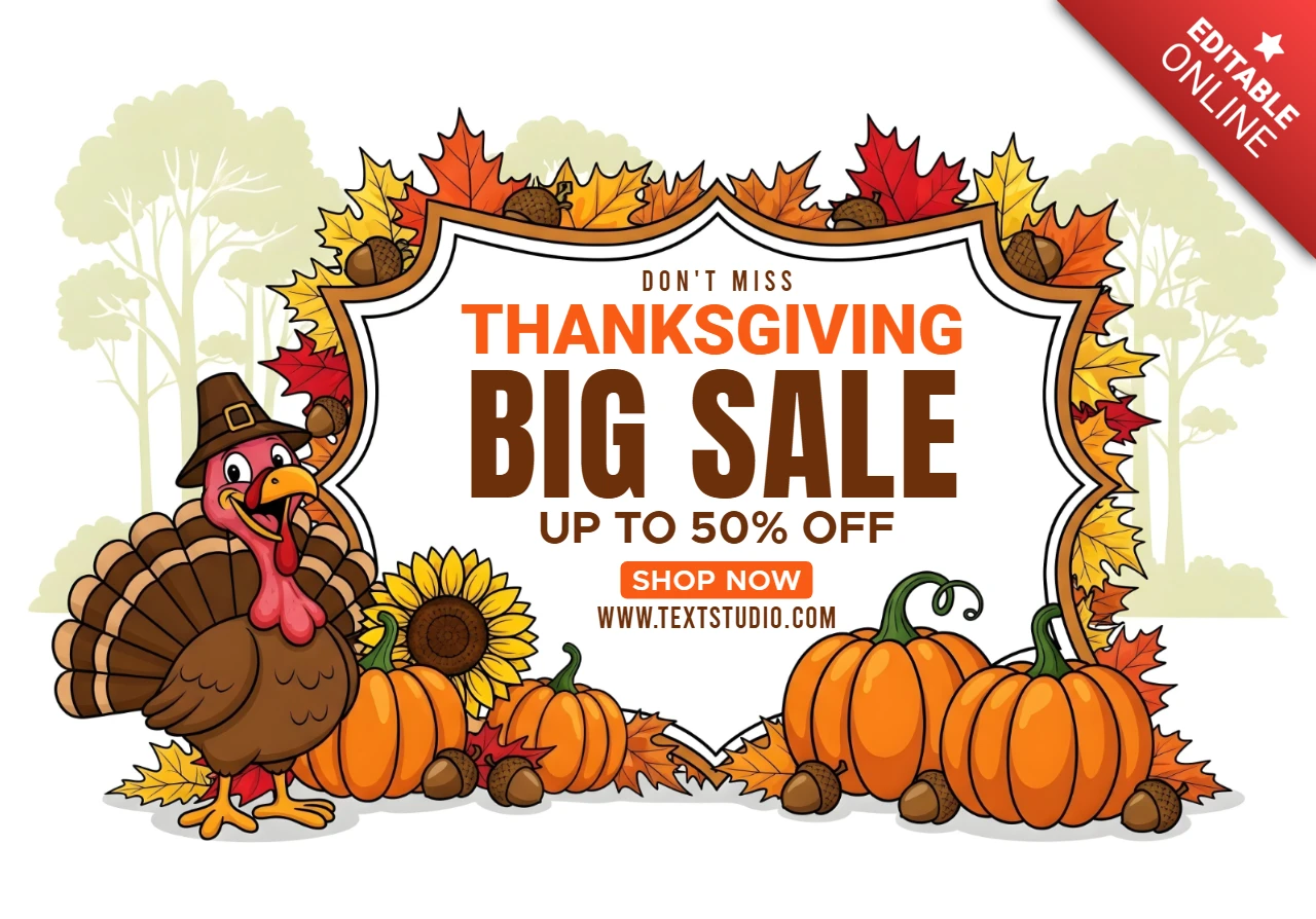 Seasonal Sale Thanksgiving Theme with Cartoon Turkey & Cozy Fall Elements Promotional Banner Design Template