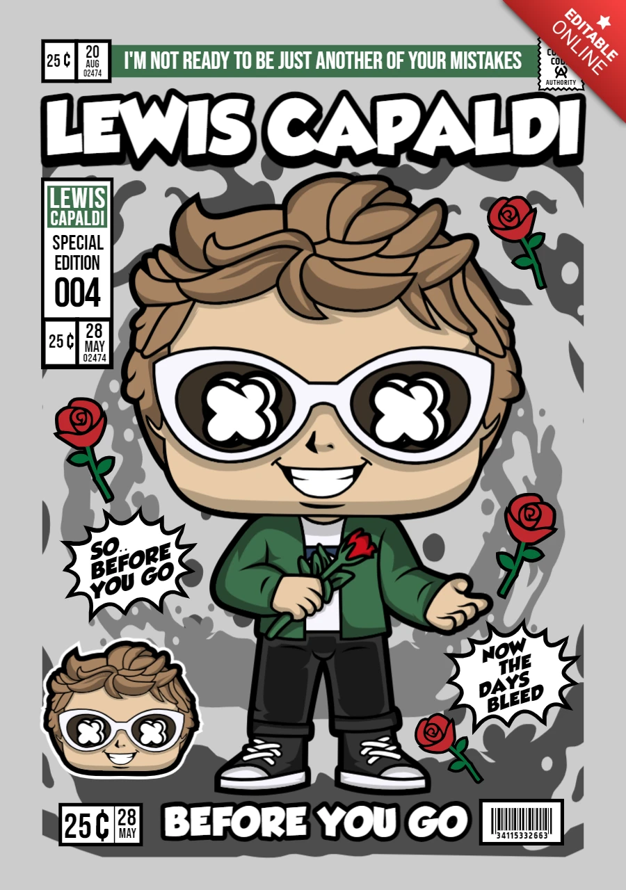 Modelo de design de capa de revista do personagem de desenho animado Lewis Capaldi