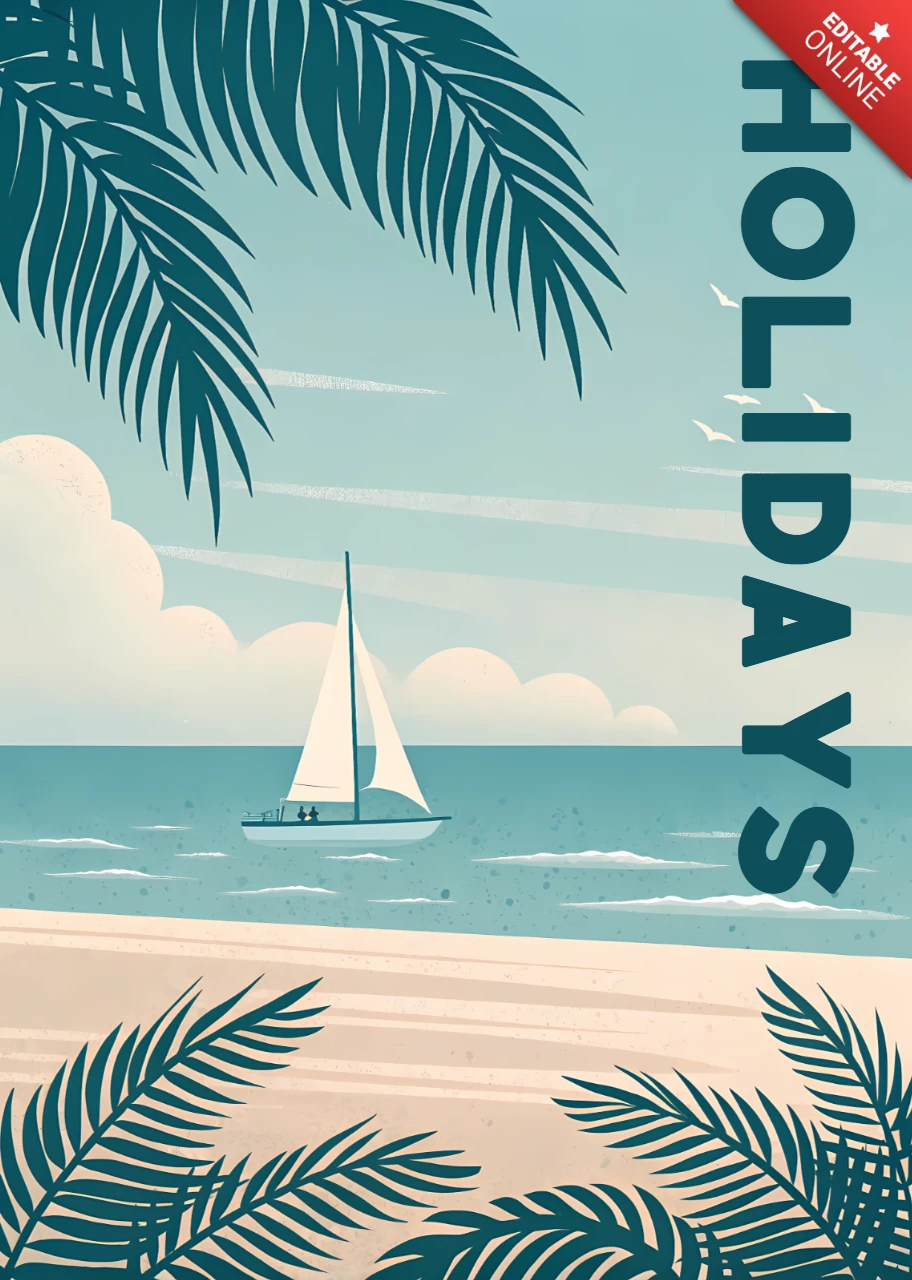 Strandurlaub-Design mit Segelboot und tropischen Blättern für retro flachen Poster
