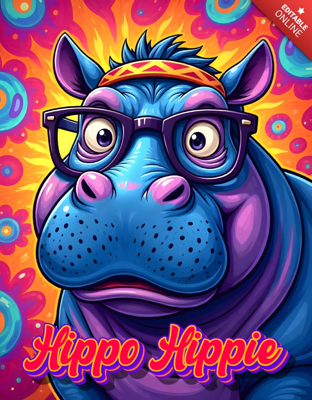 Funky Hippie Nilpferd Illustration - bunte Retro-Kunst-Design-Vorlage