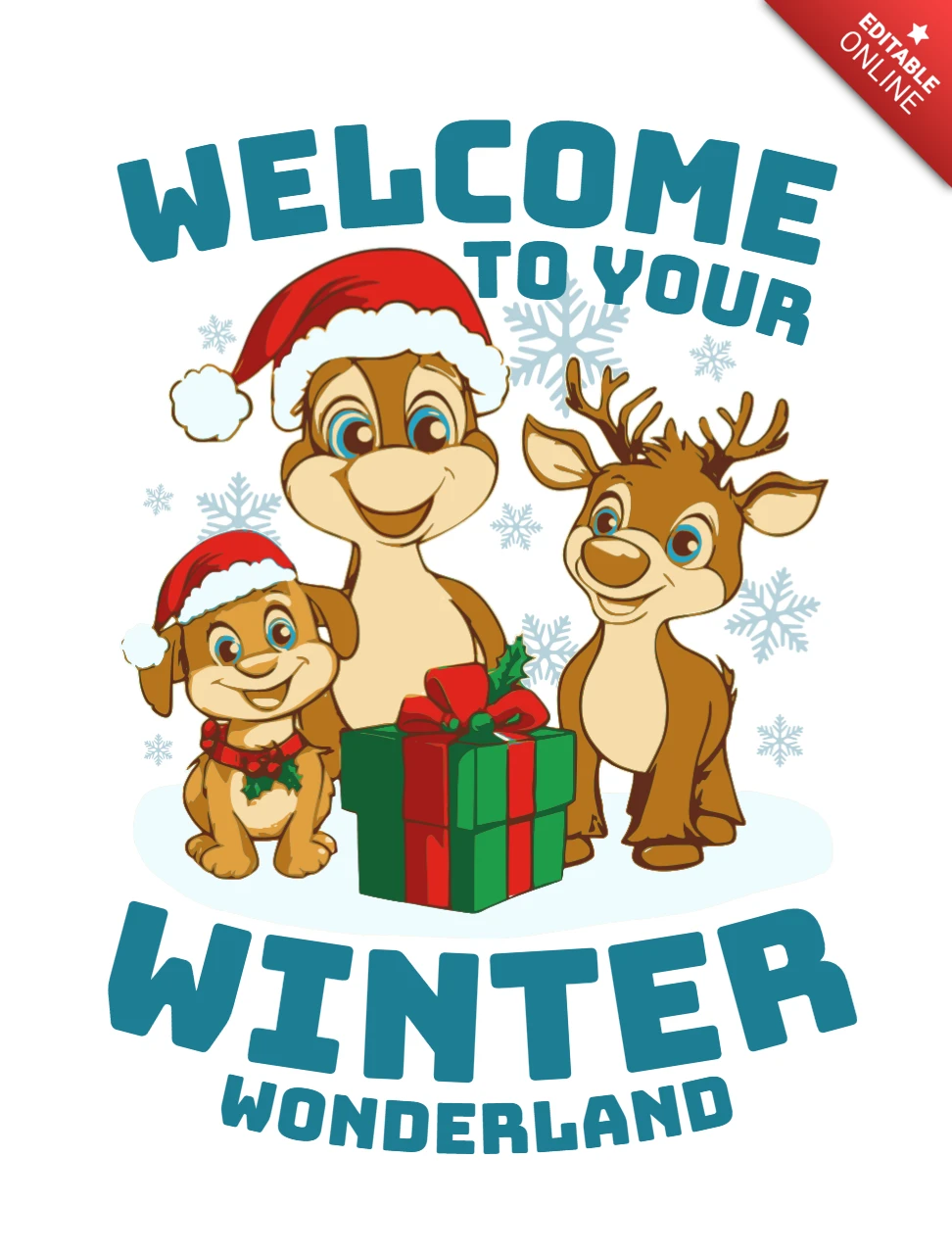 Winterwunderland-Designvorlage mit niedlichen Tieren für Feiertagsgrusskarten