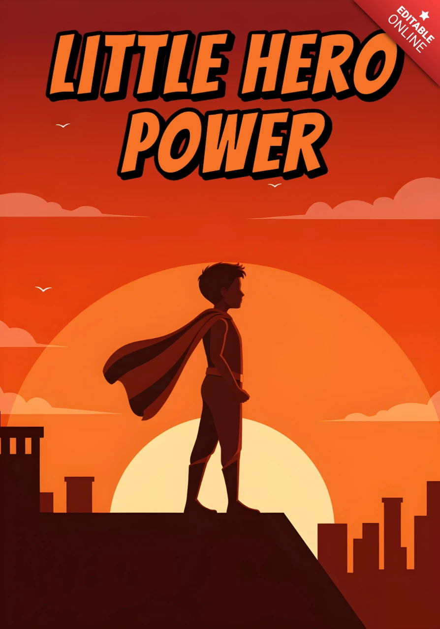 Little Hero Power Caped Child Silhouette on Rooftop at Sunset Poster Design Template