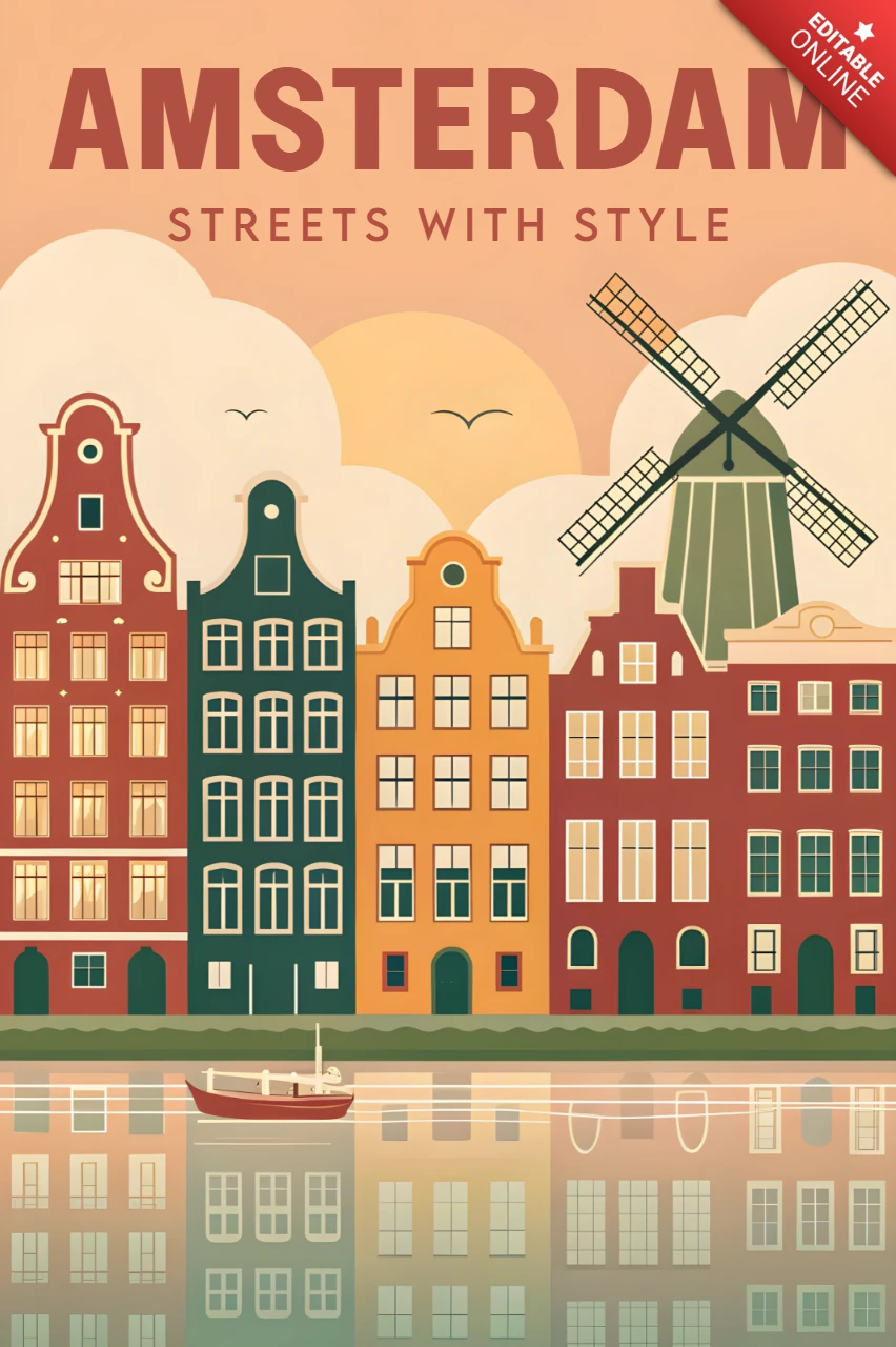 Modèle de design de paysage urbain d'Amsterdam pour des affiches rétro en flat design
