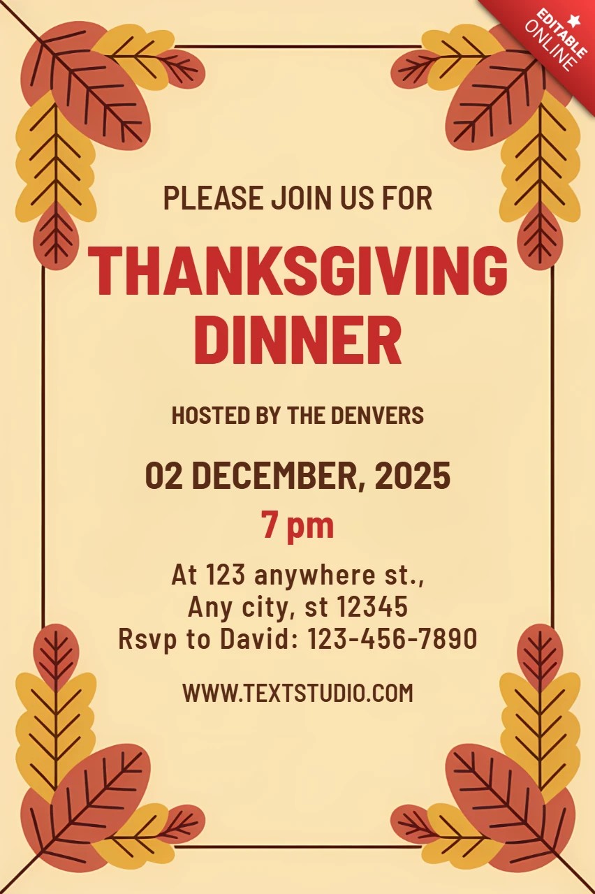 Thanksgiving Dinner Invitation Template with Autumn Leaves Design for Festive Events