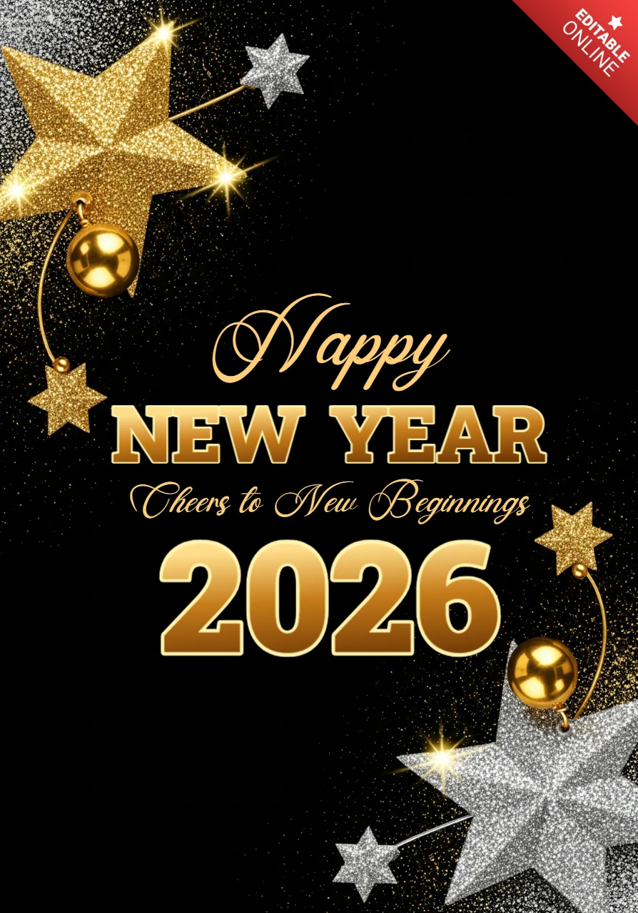 Modèle de vœux pour la nouvelle année 2026 carte de célébration avec des décorations en or et argent et un thème de renouveau