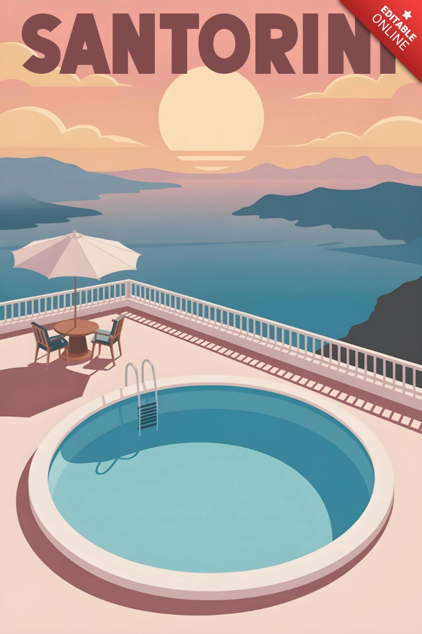 Architecture de Santorin, terrasse de luxe surplombant la mer Égée au crépuscule, modèle de design d'affiches de voyage à Santorin.