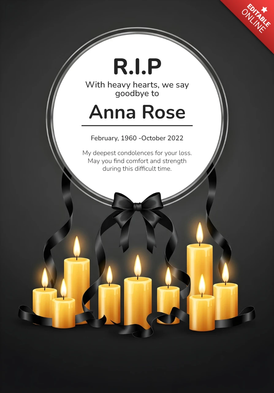 Riposa in pace elegante poster funebre con candele e messaggio di condoglianze modello di design memoriale