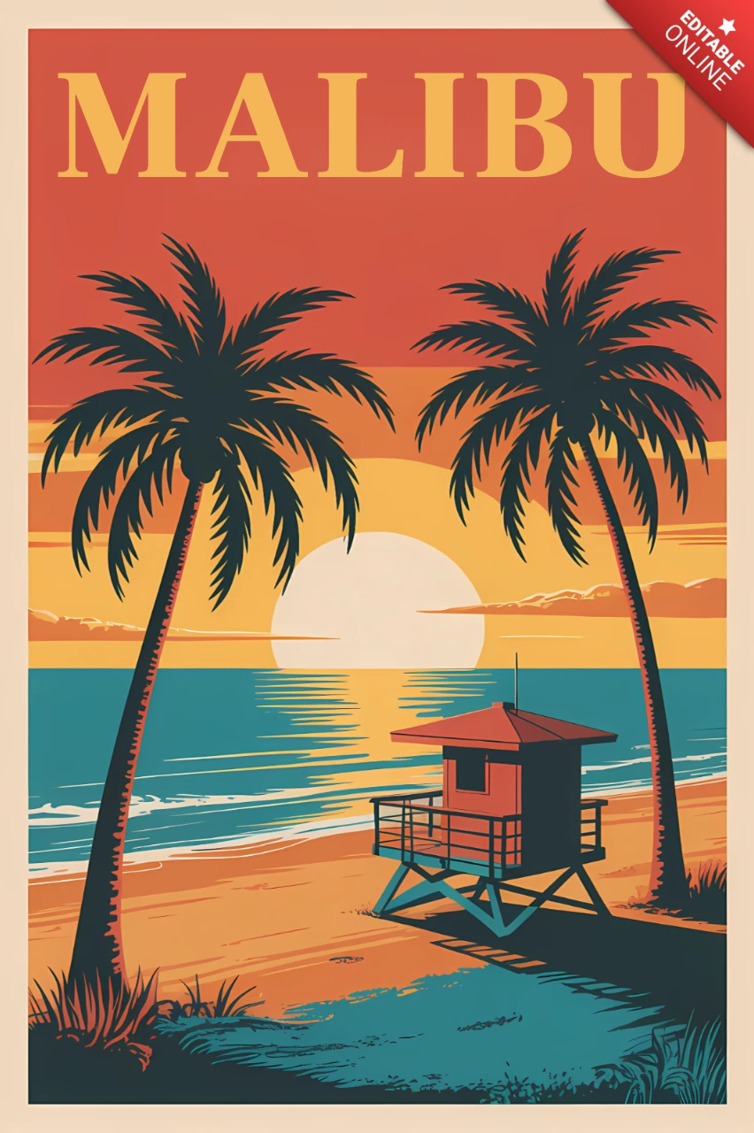 Retro Malibu Beach Sunset Design Template for Posters