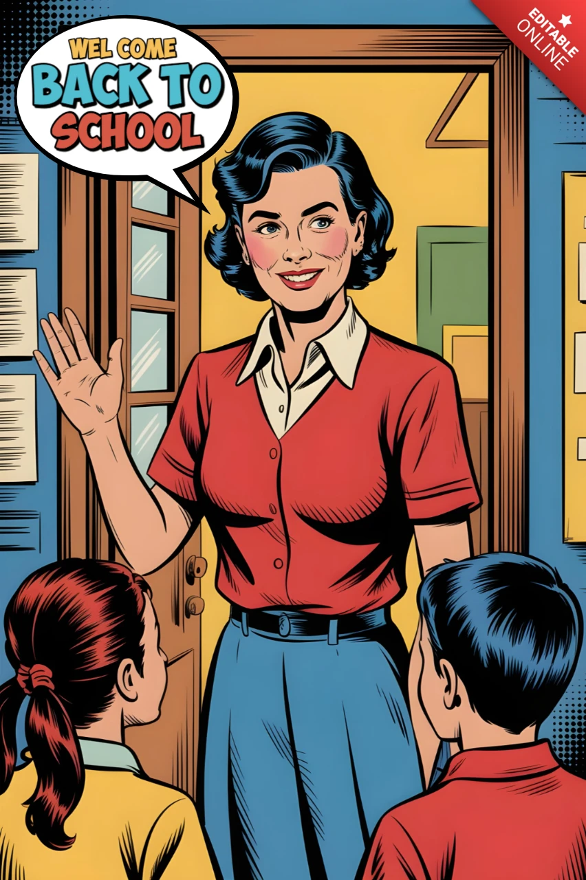 Regreso a clases, maestro saludando a los estudiantes en la puerta del aula con diseño de cartel de texto en burbuja de cómic.