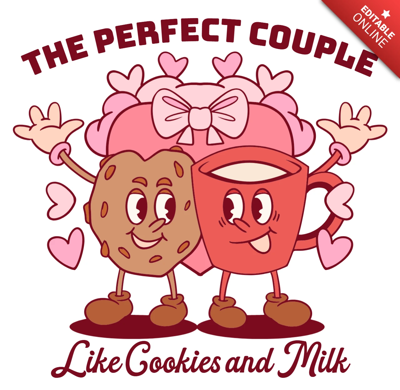 Modèle de conception de couple ludique pour t-shirt avec illustration cartoon de biscuits et de lait.
