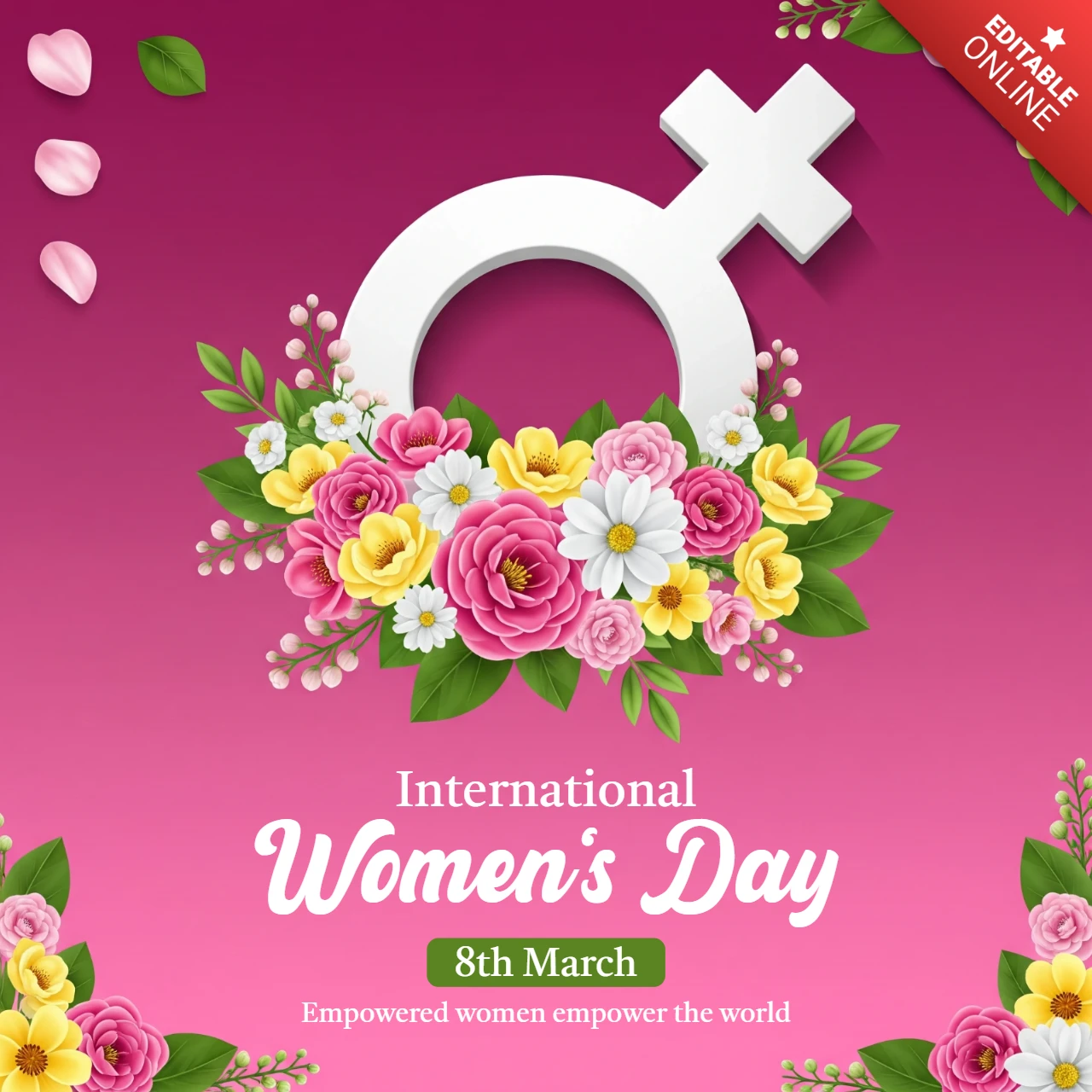 Template de design para o dia internacional da mulher com símbolo feminino, decorações florais e fundo em gradiente rosa.
