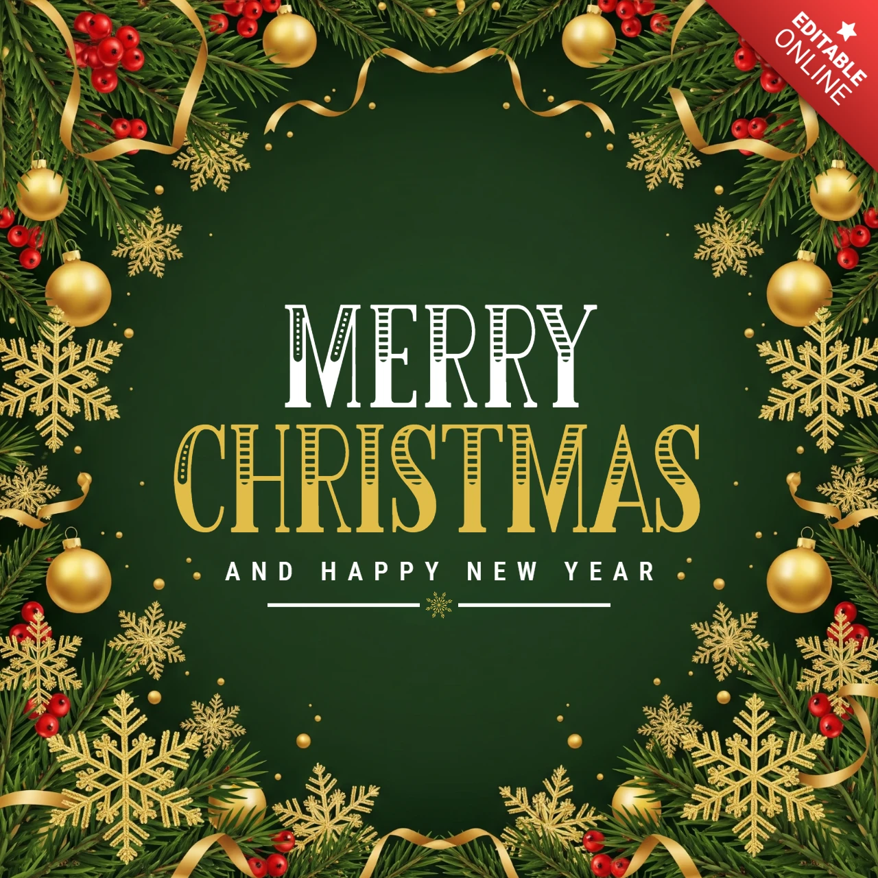 Luxury Christmas Card Design with Green Background and Festive Gold & Red Elements