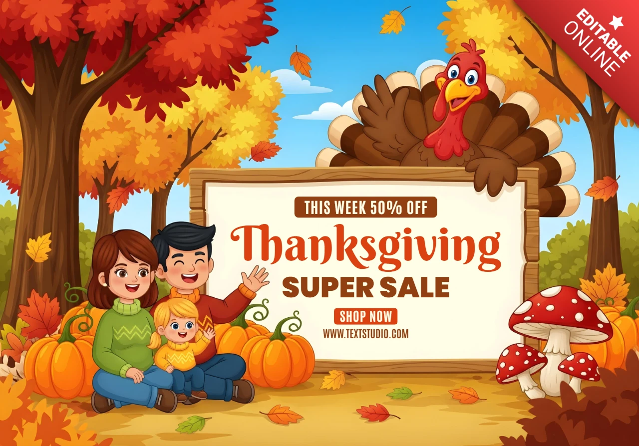 Banner di sconto del Ringraziamento, famiglia sana, tacchino che sbircia e cartello stagionale, modello di design per vendita promozionale.