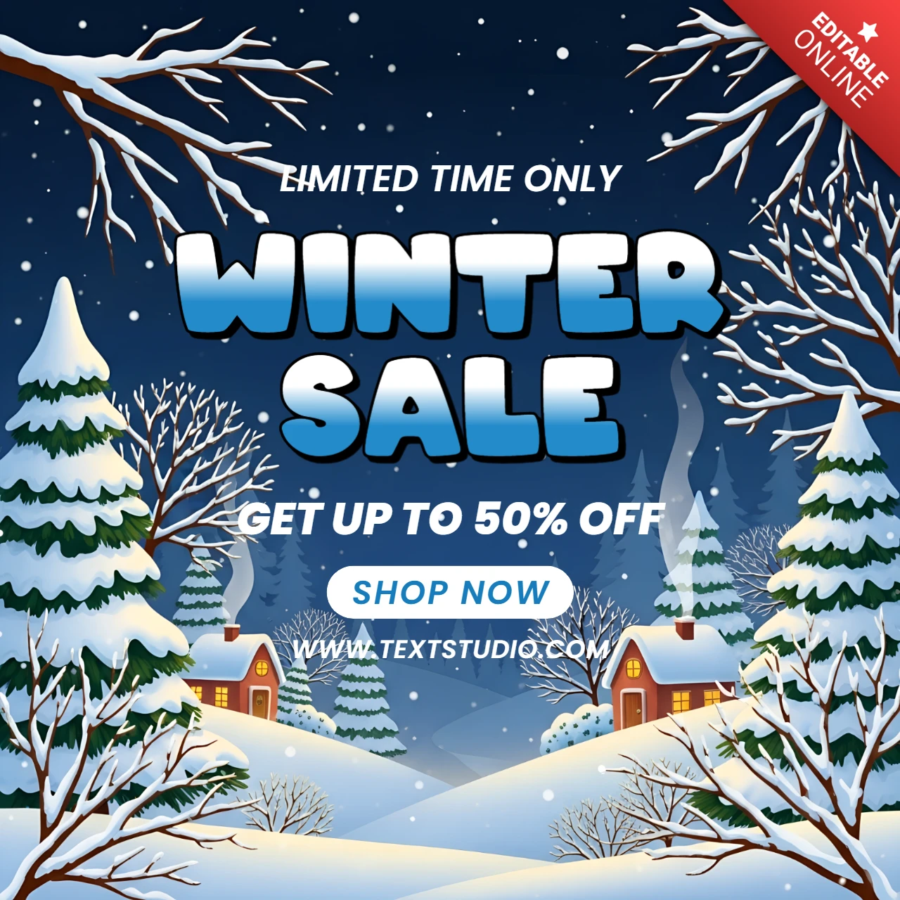 Winterverkaufs-Promotion-Vorlagendesign mit verschneiter Landschaft und Feiertagsbäumen für Flyer