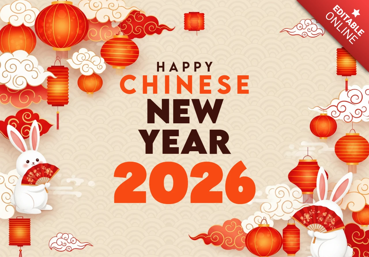 Gelukkig Chinees Nieuwjaar 2026 kaart rode vieringsthema met lantaarns, konijnen en traditionele decoratieve elementen