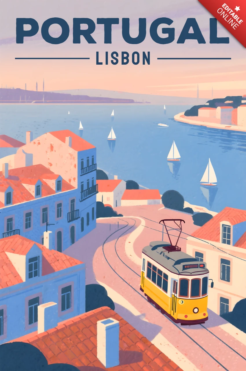 Lisbon, Portugalia, vintage tram projekt szablonu do plakatów podróżniczych