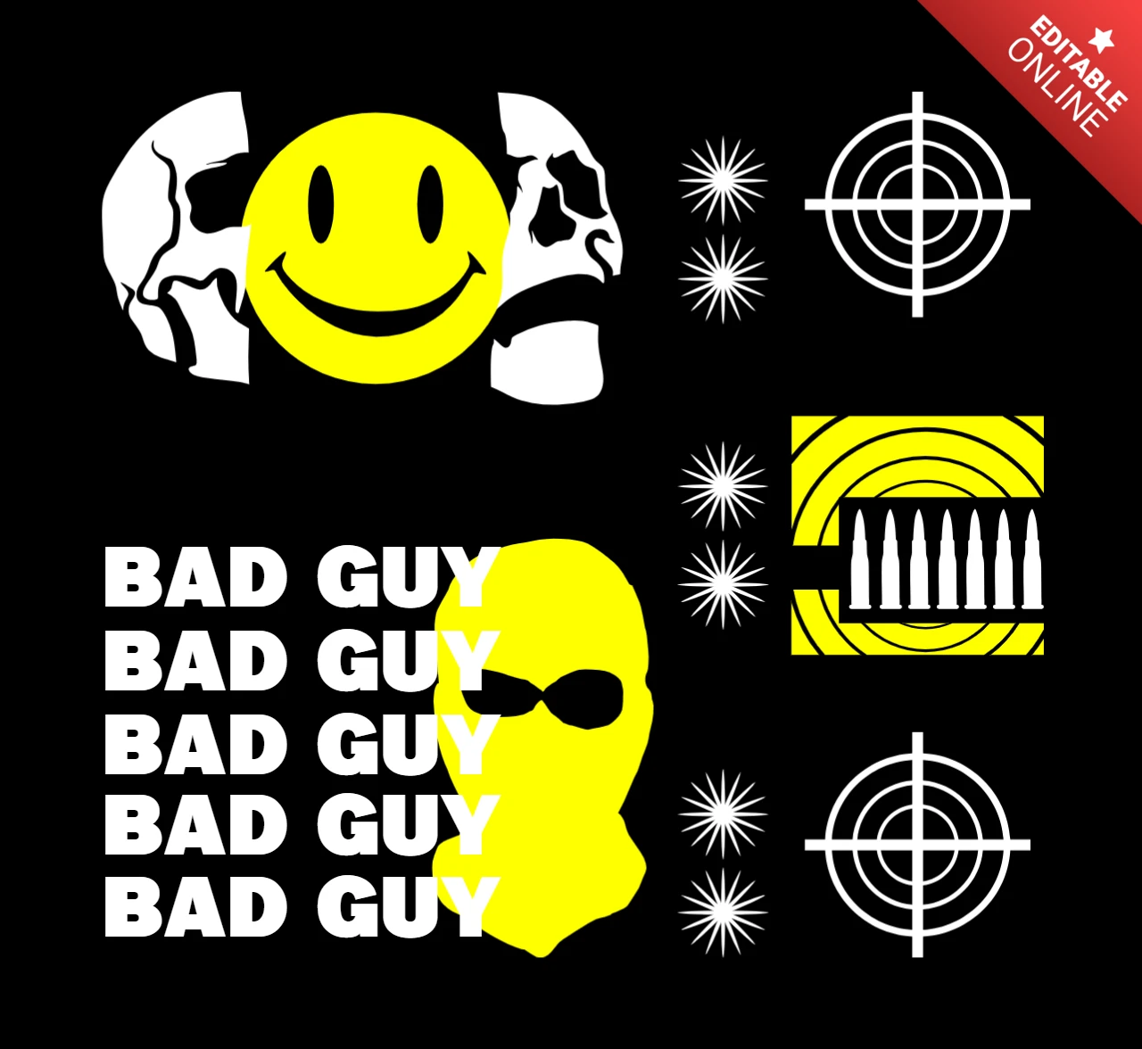Edgy Graphic Design Template for Apparel Featuring Smiley Face and Bad Guy Motif