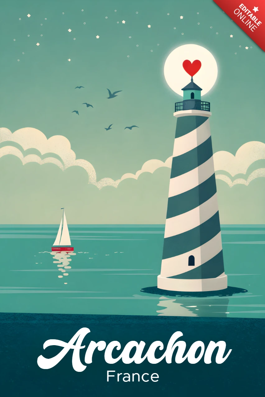 Lindo farol em Arcachon, design para pôsteres de viagem retro e produtos.