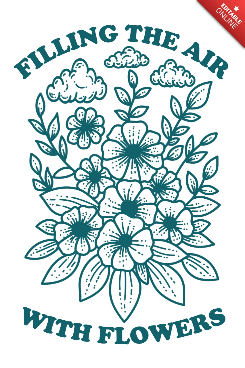 手描きの花と雲をあしらったTシャツ用のフラワーデザインテンプレート