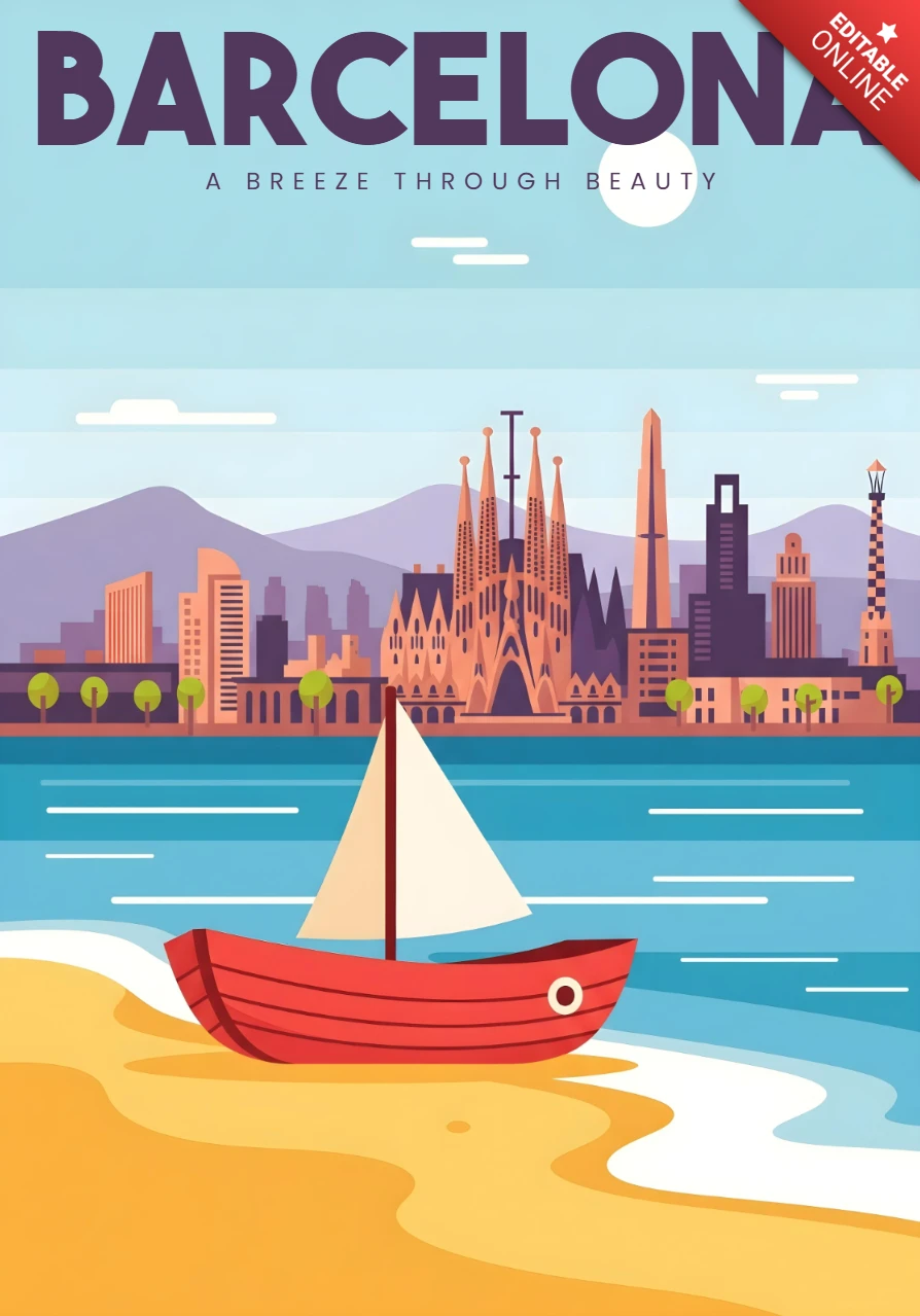 Scène de plage de Barcelone illustrée, bord de mer et célèbres monuments, modèle de design d'affiches de voyage.