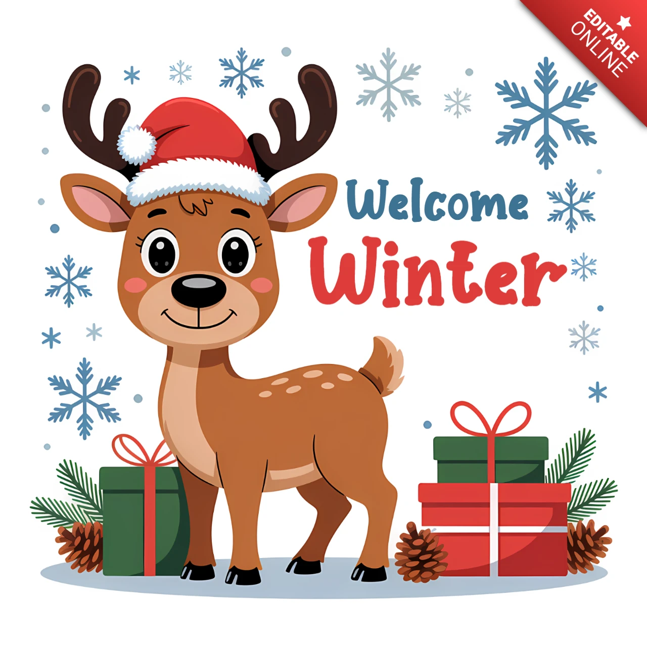 Plantilla de diseño de bienvenida invernal con lindo reno para tarjetas de felicitación navideñas.