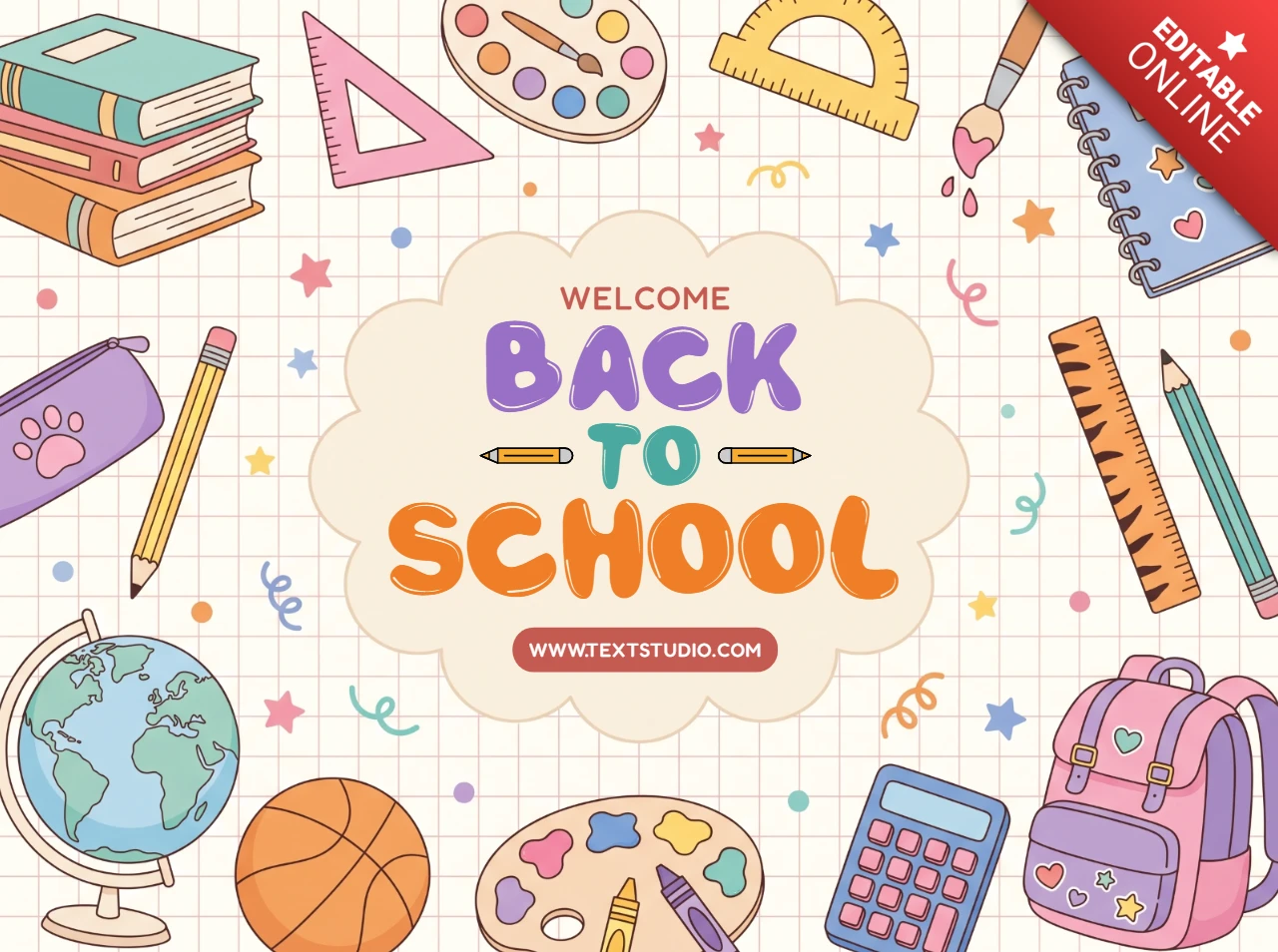 Welcome back to school background with colorful education supplies and stationery items