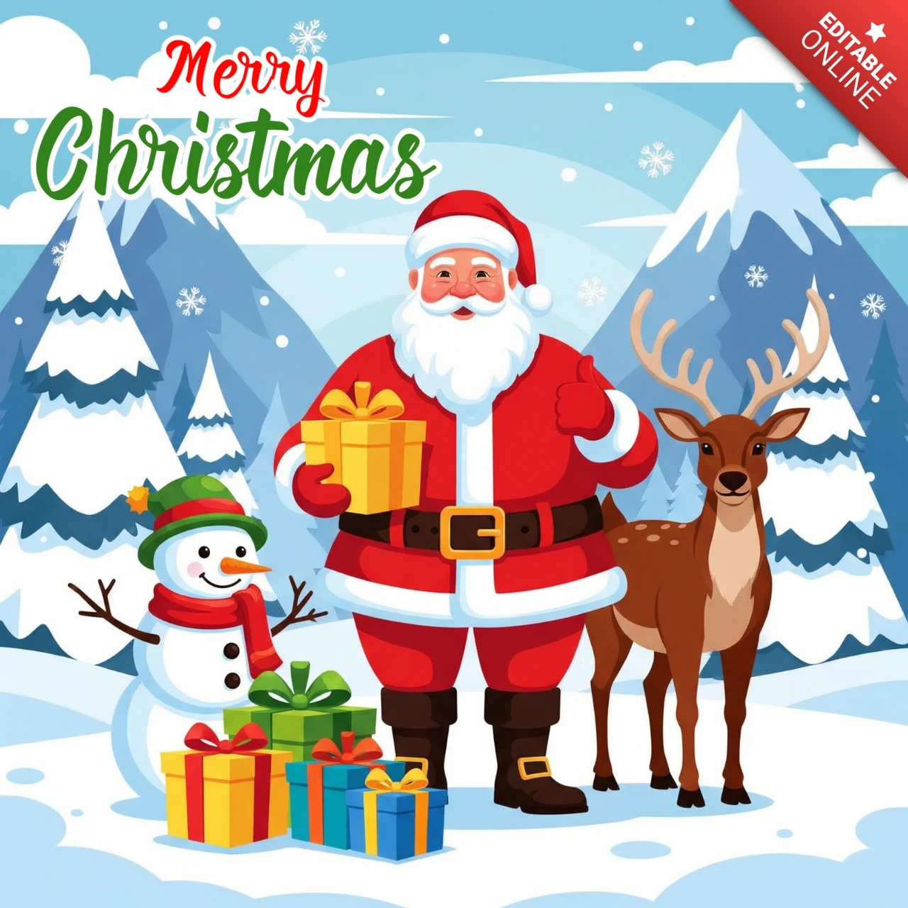 Weihnachtskarte mit dem Weihnachtsmann und Waldfreunden mit Geschenken in einer verschneiten Landschaft und Weihnachtsstimmung Poster-Designvorlage