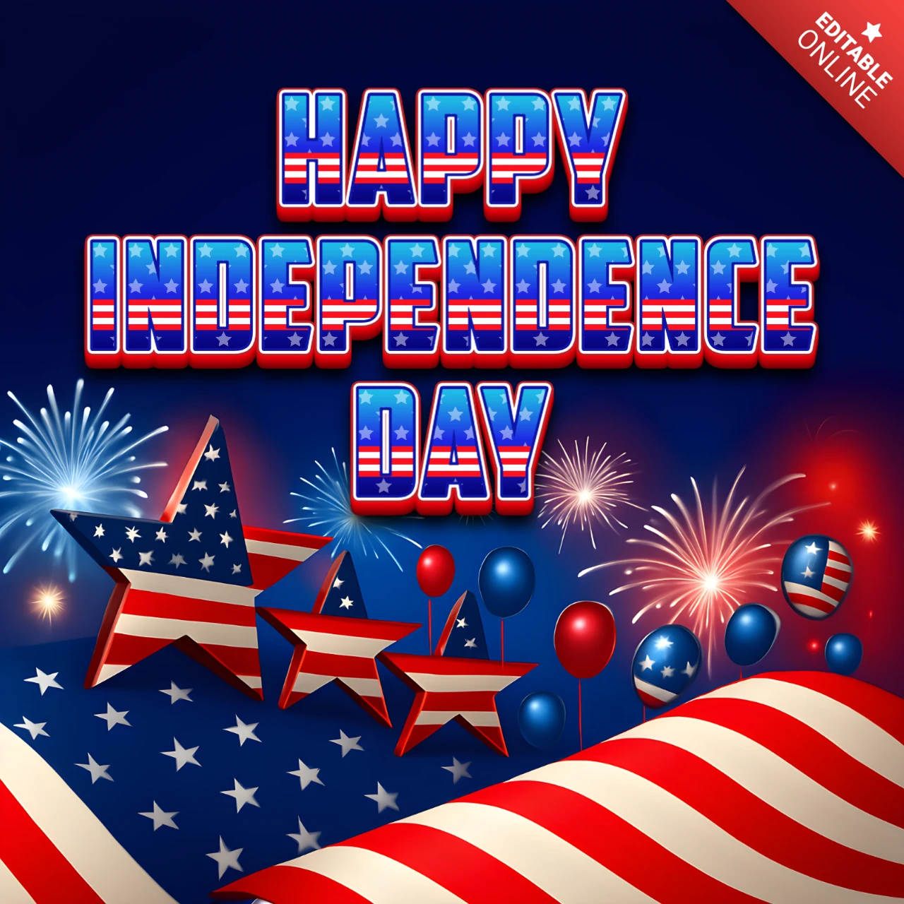 Festive American Independence Day Celebration Template with Stars and Fireworks 3D Design