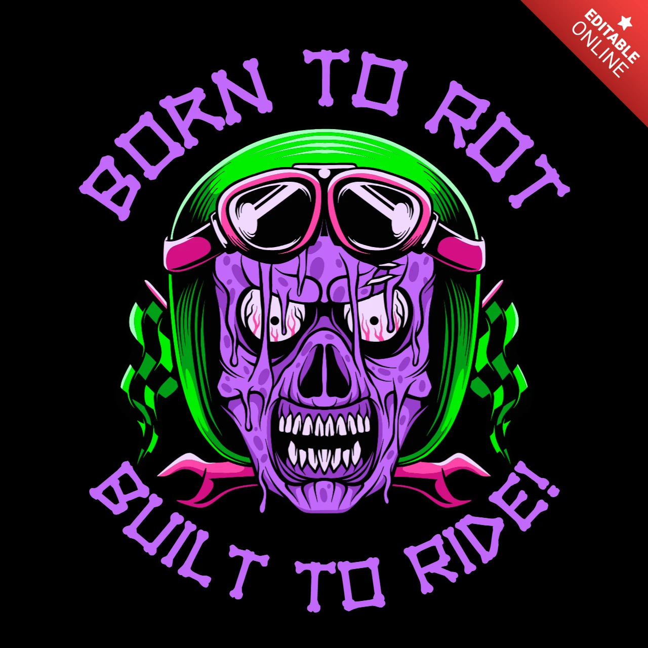 BORN TO ROT Zombie Skull Biker with Dripping Helmet, Checkered Flags & Grunge Attitude T-Shirt Design Template