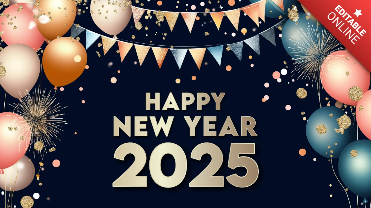 Feliz año nuevo 2025 banner y globos plantilla de diseño