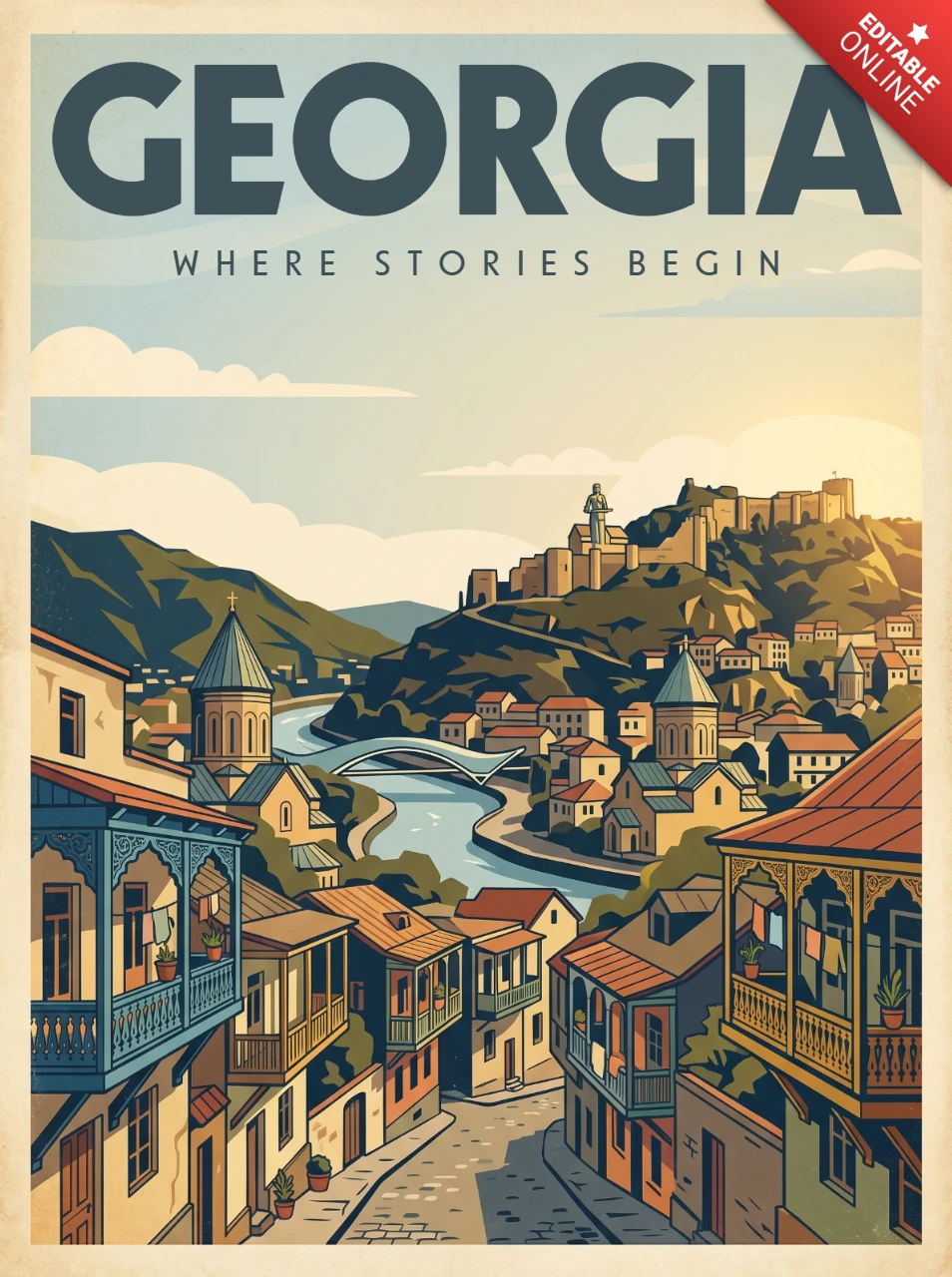 Georgia Retro Vintage Travel Poster Where Stories Begin Scenic Tbilisi City Wooden Balconies River Valley Fortress Mountains Wall Art Print