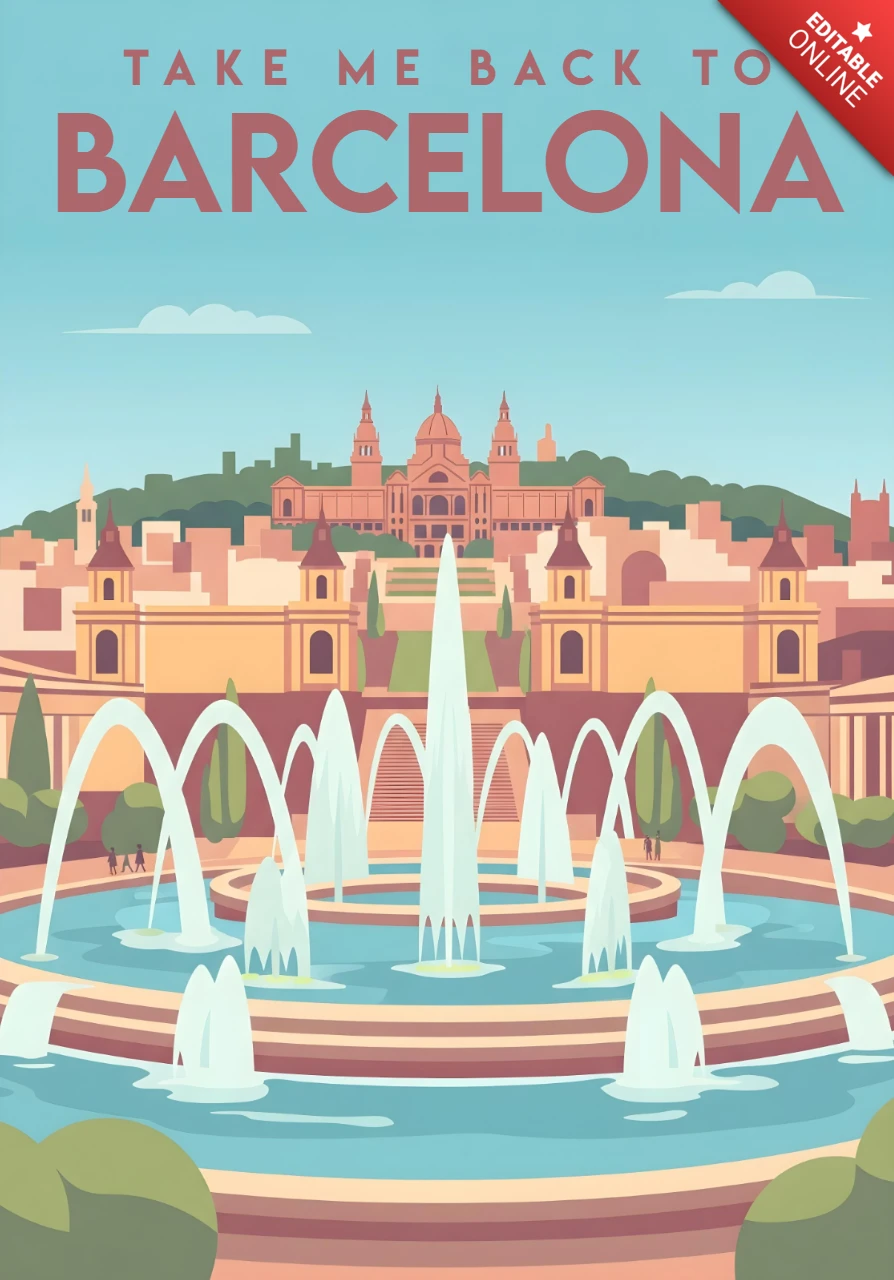 Ramène-moi à la scène de la fontaine du palais Montjuïc de Barcelone, illustration pour un modèle d'affiche rétro plate.