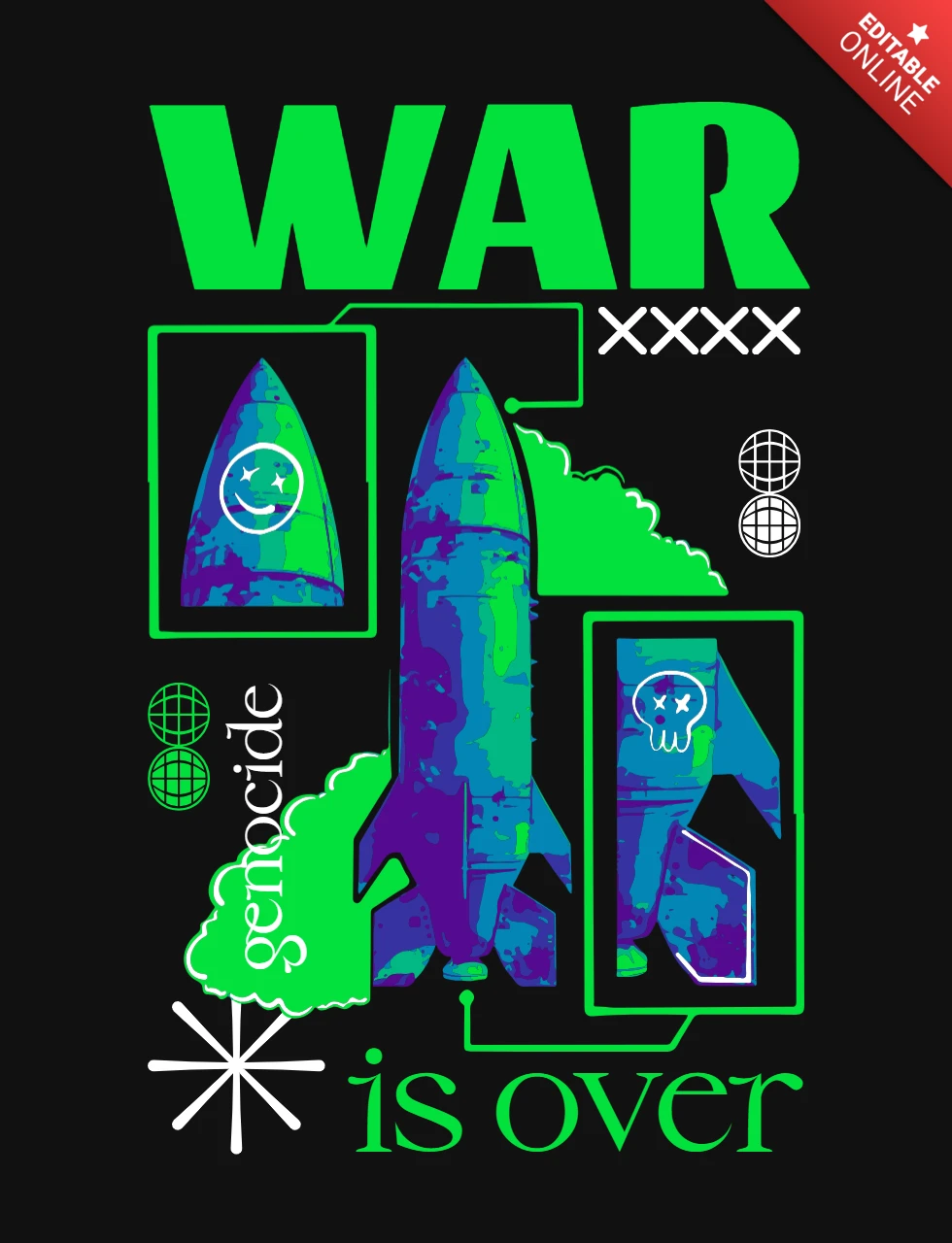 El genocidio anti-guerra es una declaración exagerada con un diseño de camiseta de imágenes surrealistas de cohetes.