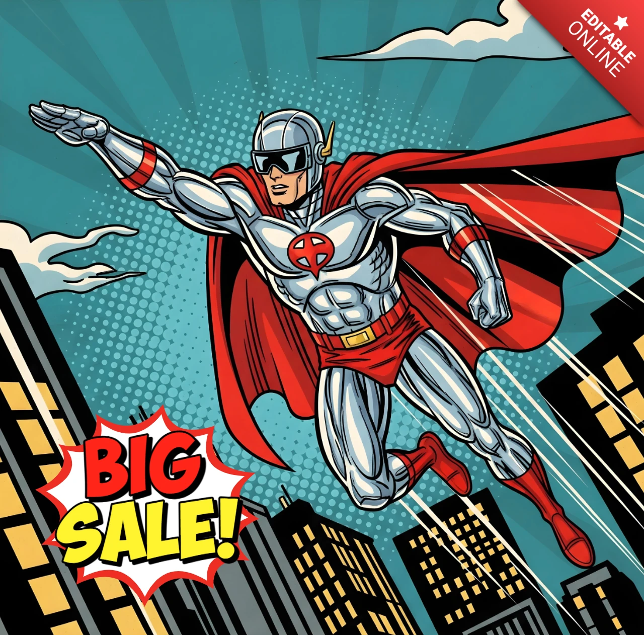 Arte de cómic estilo héroe de vuelo urbano con gran venta, diseño de plantilla con traje plateado y casco alado para volantes promocionales.