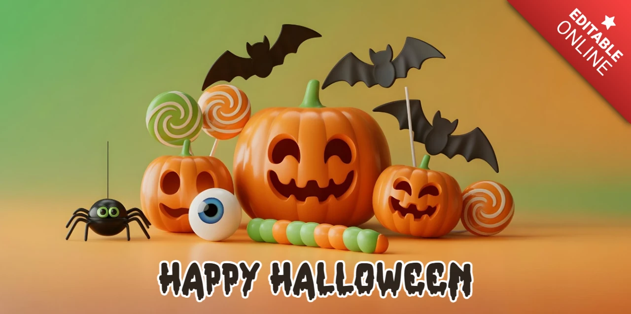 Gruseliges Halloween Orange-Grün-Thema mit Lutschern & Cartoon-Spinne YouTube-Cover-Designvorlage