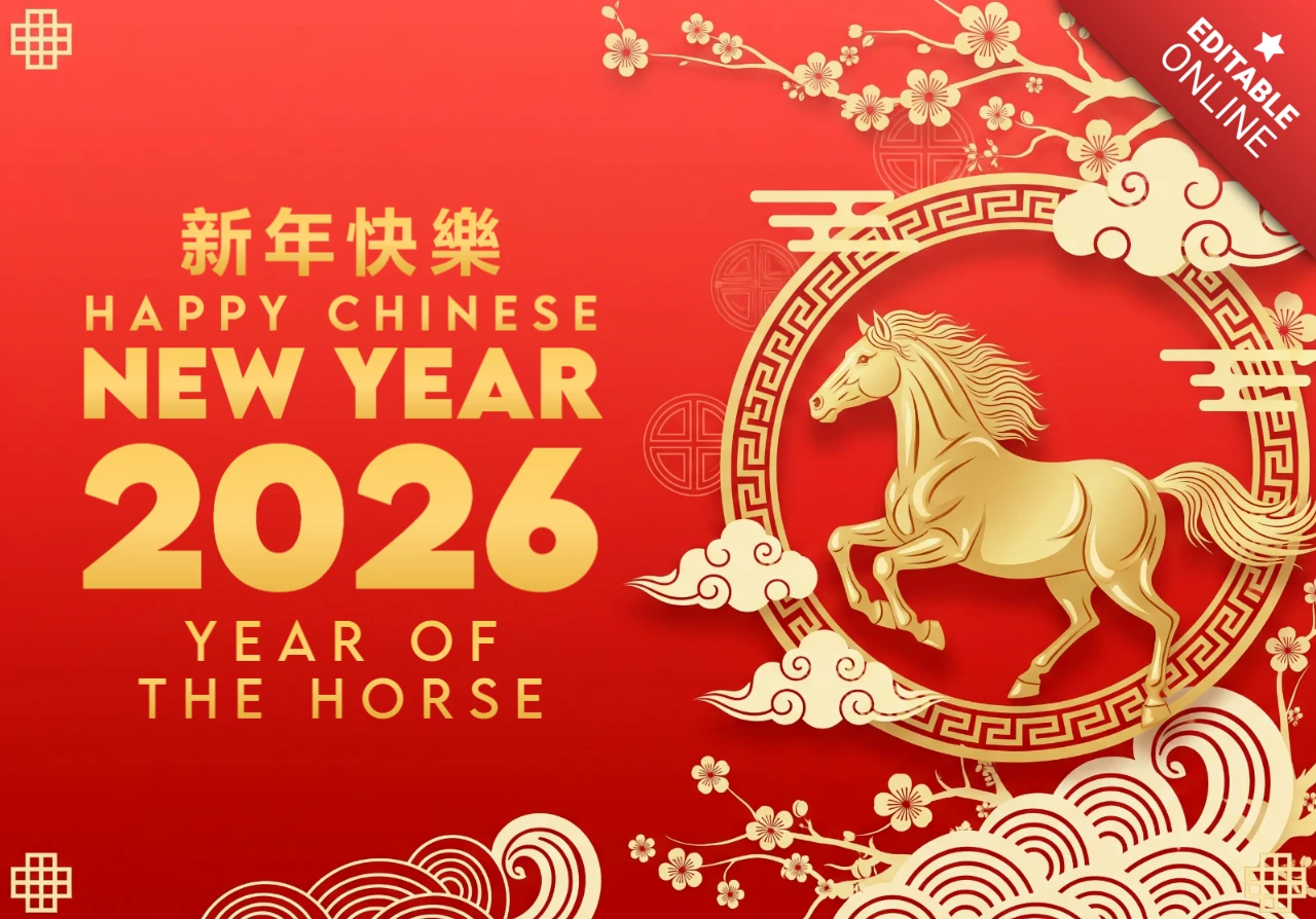 Chinese New Year 2026 Poster Year of the Horse Red Background with Lanterns, Clouds, and Zodiac Horse in Circular Frame