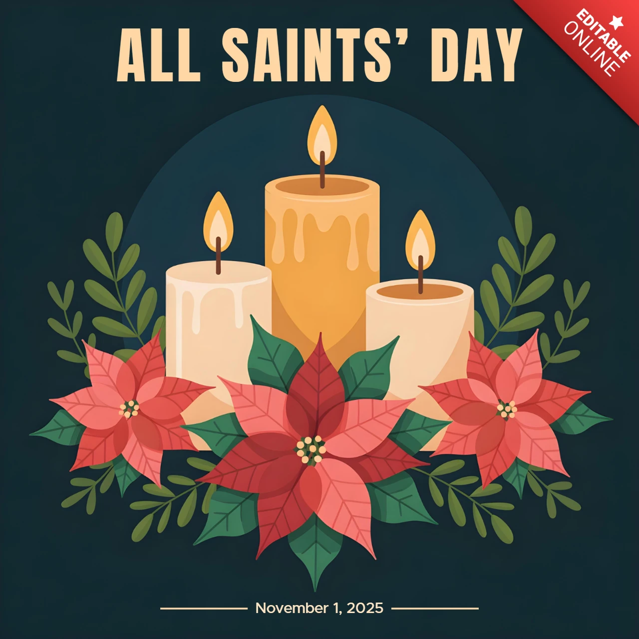 Allerheiligen dag eerbiedige poster met kaarsen, kerststerren & herdenkingsboodschap wenskaart ontwerp sjabloon