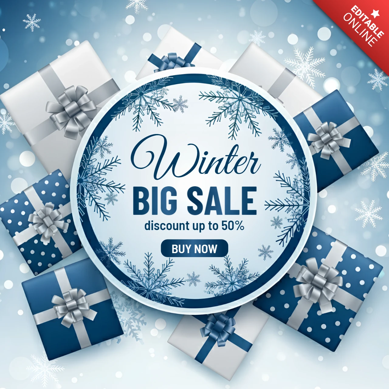Winter Sale Design Template with Gift Boxes and Snowflakes for Promotional Flyers