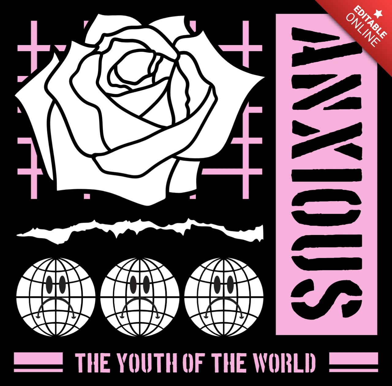 Template de design graphique de rose anxieuse pour vêtements pour jeunes