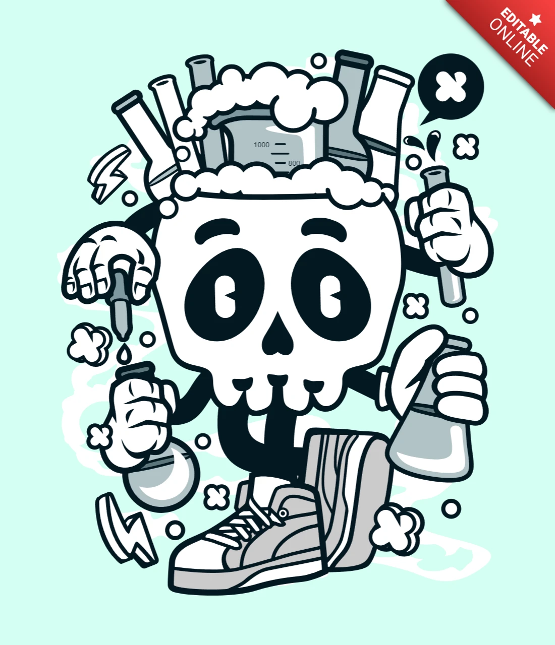 Modelo de design de camiseta de personagem de desenho animado de caveira química