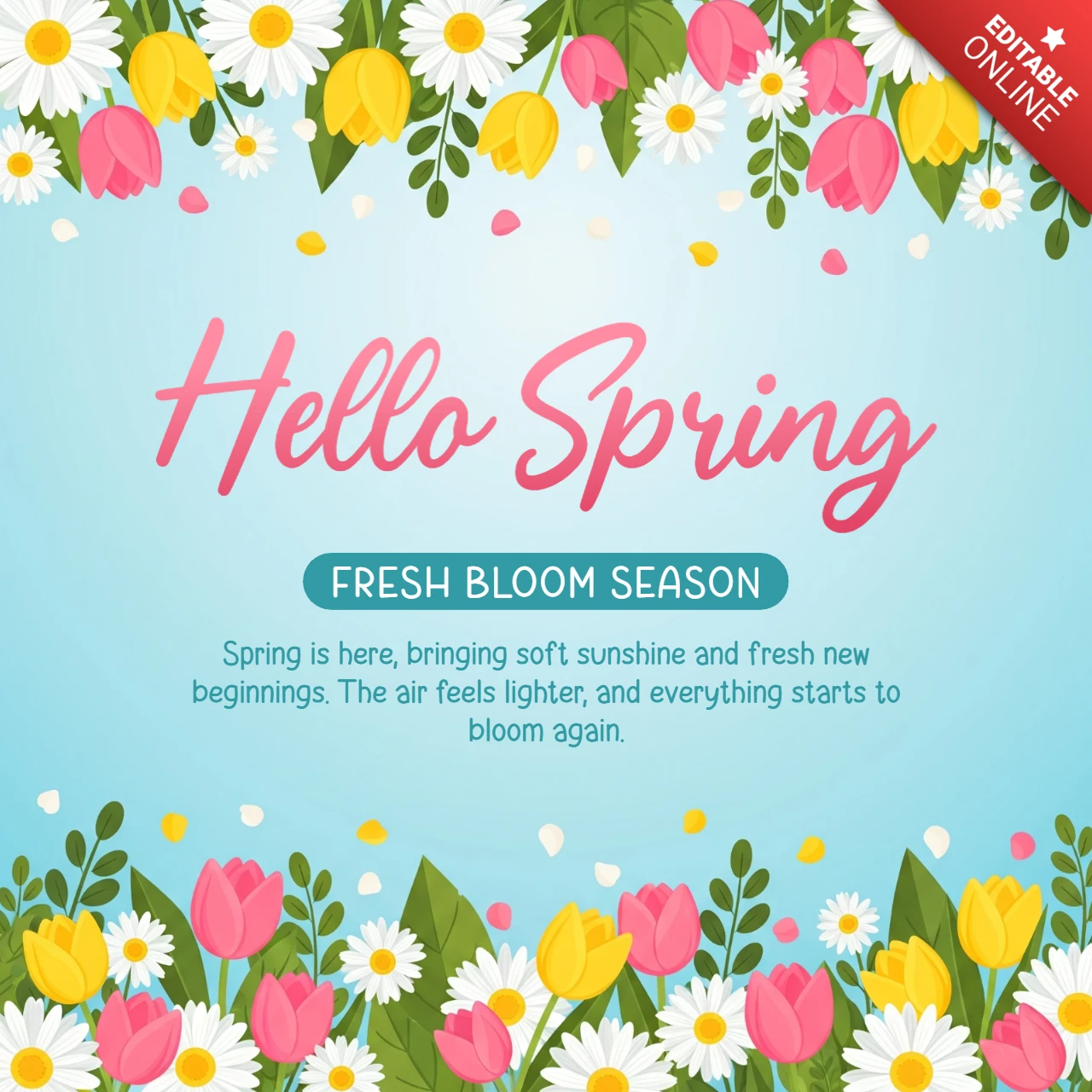 Saisonale Frühlingsgrußkarten-Vorlage mit dekorativem Blumenrand, frischem Blüten-Thema und motivierendem Zitat