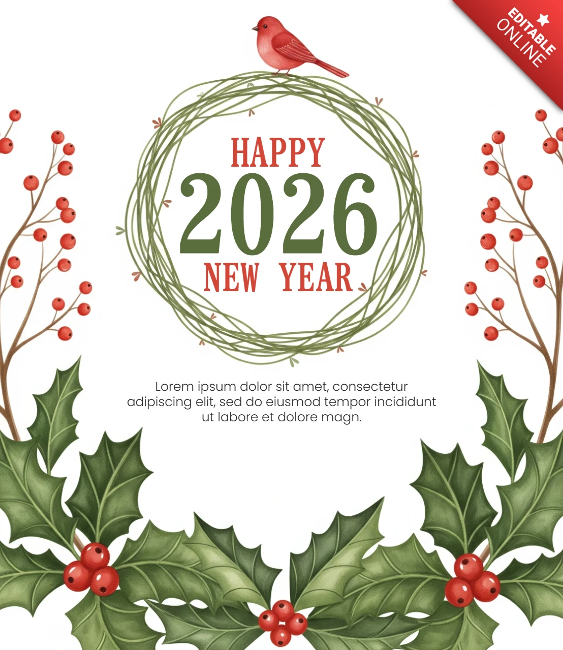 Watercolor New Year Greeting Template Festive 2026 Design with Circular Wreath, Red Berries, and Holiday Bird