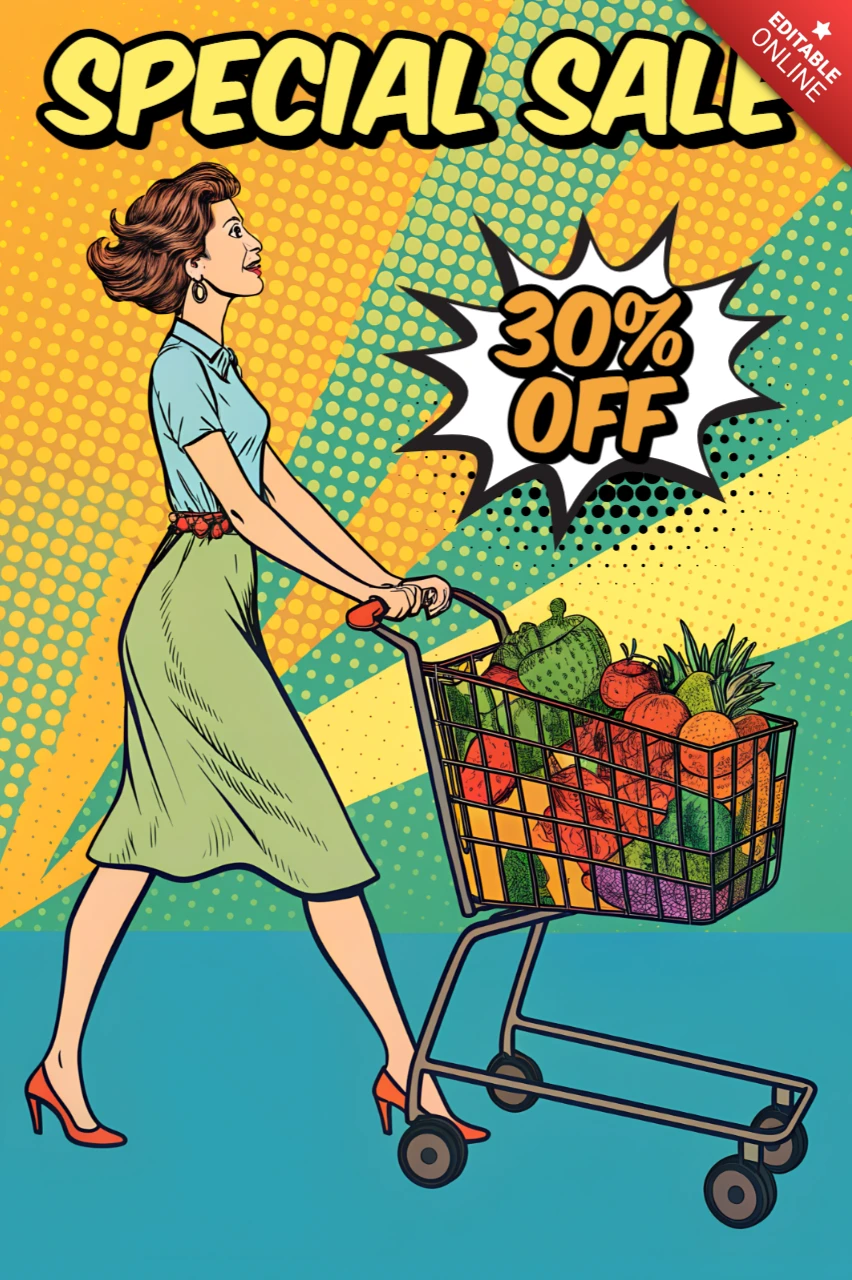 Modèle de vente pop art avec design de chariot de shopping pour affiches promotionnelles