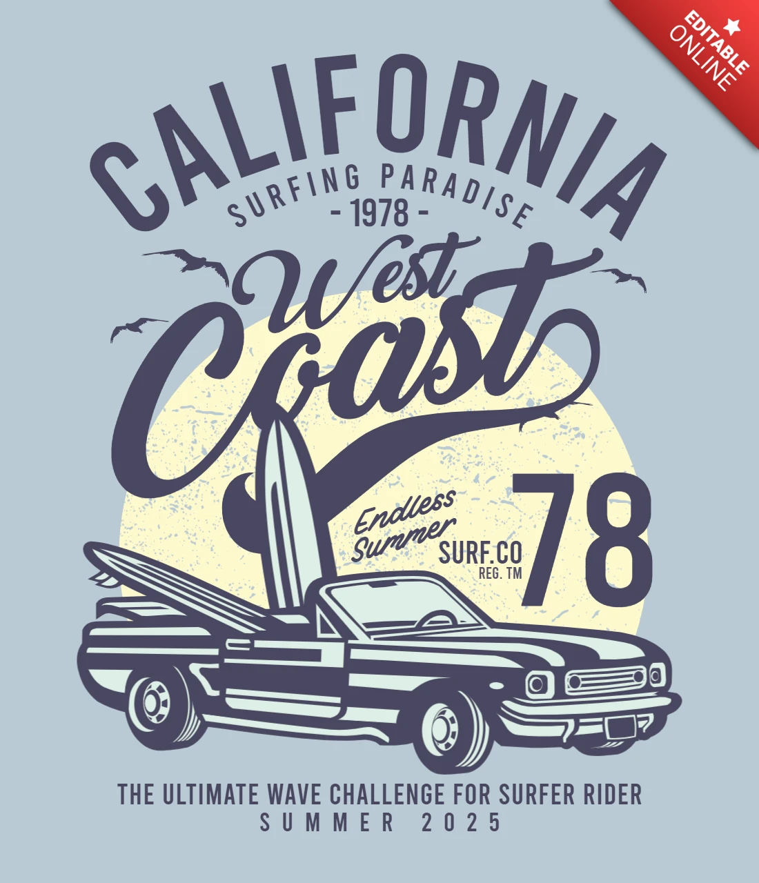 Californië surfparadijs westkust t-shirt ontwerpsjabloon