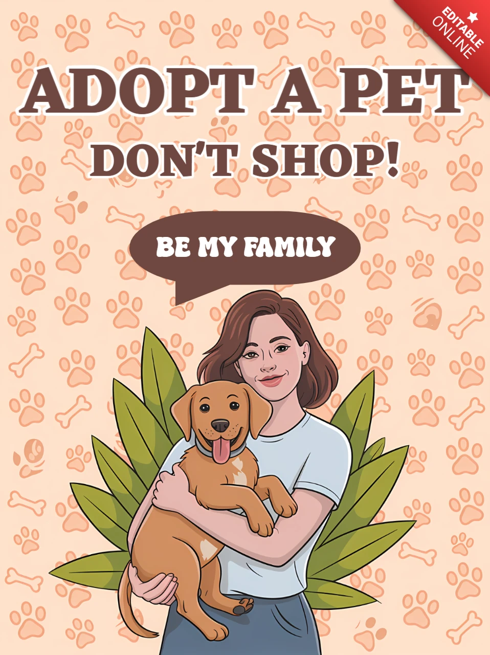 Adoptieren Sie eine Haustier-Designvorlage für Tierschutzplakate mit illustrierter Frau und Hund.