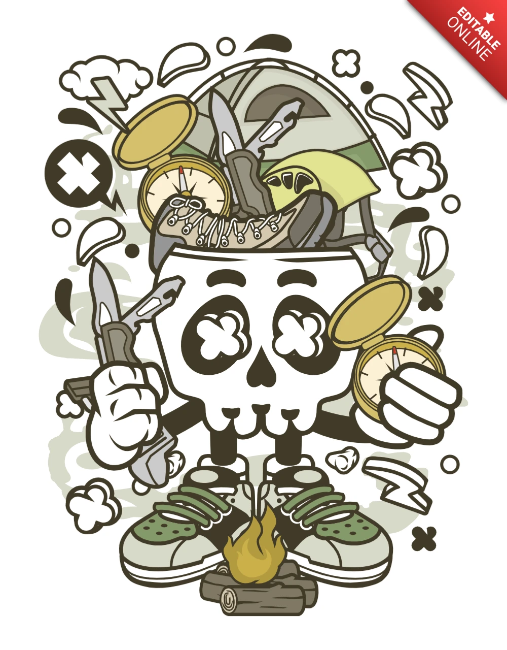 Camp Fire Skull Cartoon Character T-shirt Design Template